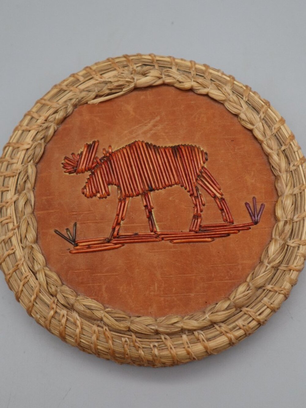Native American Indigenous Folk Art Birch Bark Quill Sweetgrass Basket Lid Moose